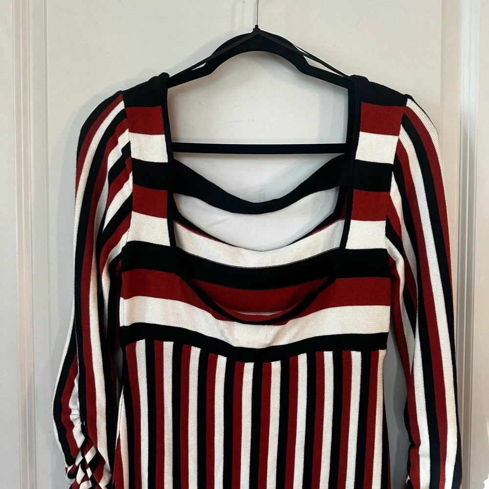 Anthropologie Maeve Striped Square Neck Brown/Black/White Midi Dress, Size Sy